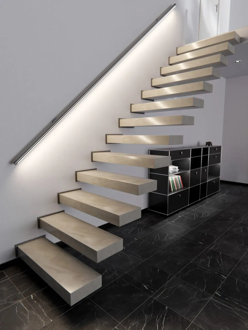 Visuel Cover Styl' : escalier à marches suspendues effet onyx crème, sol carrelé noir