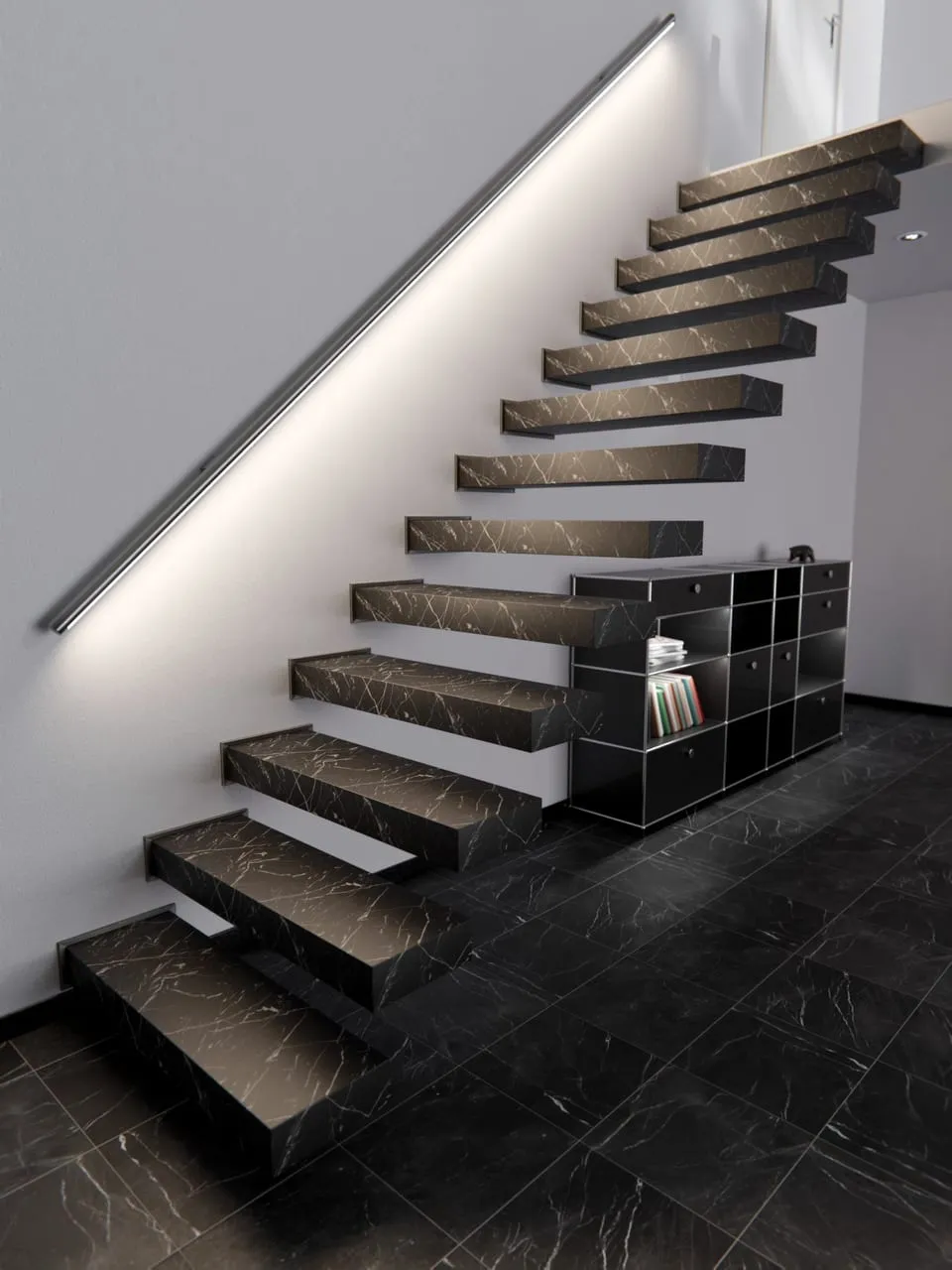 Visuel Cover Styl' : marches d'escalier suspendues en marbre noir veiné de blanc