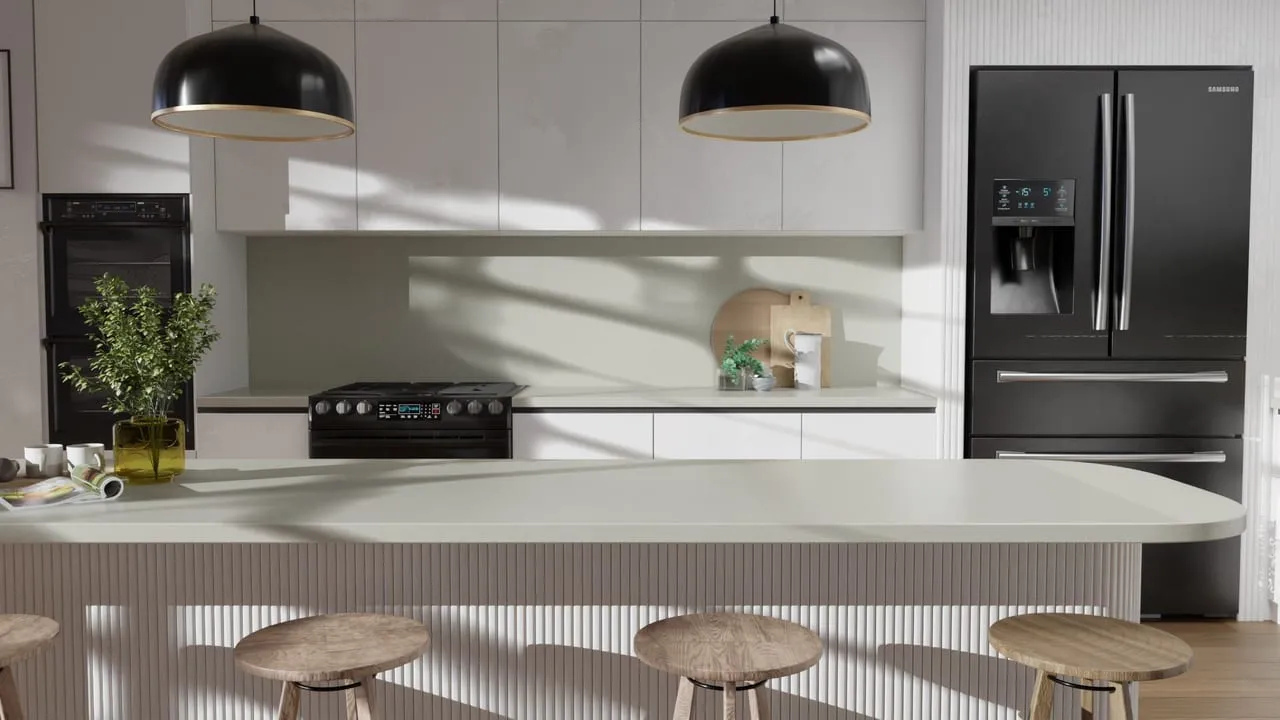 Visuel Cover Styl' : cuisine avec crédence et plan effet marbre crème, réfrigérateur noir
