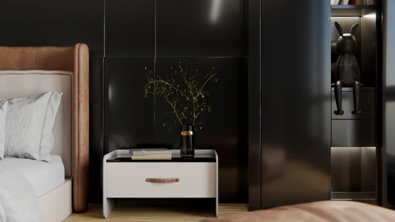 Visuel Cover Styl' : chambre aux panneaux muraux et placards noir brillant, chevet blanc
