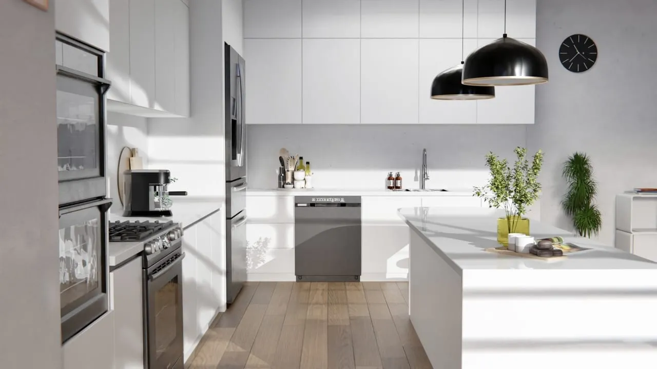 Visuel Cover Styl' : cuisine aux façades blanches brillantes, îlot blanc et parquet en bois
