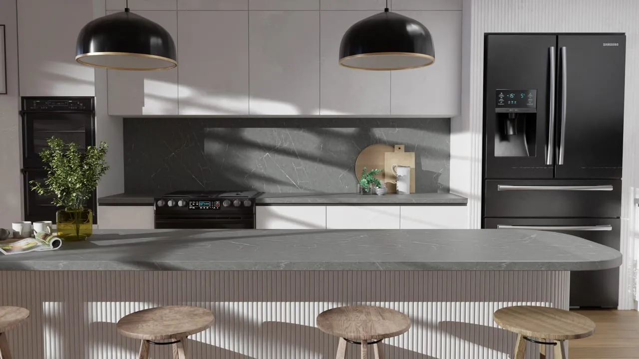 Visuel Cover Styl' : cuisine avec crédence et plan en marbre gris anthracite veiné de blanc