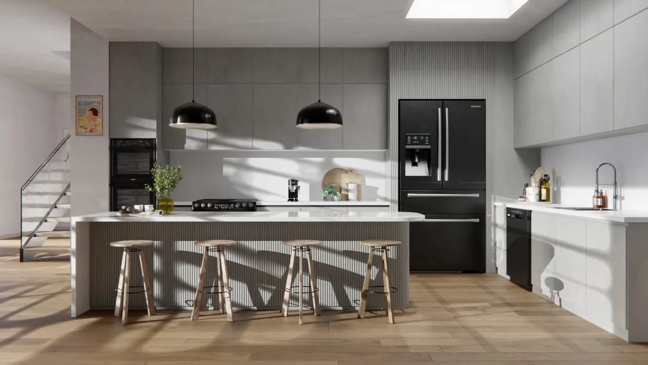Visuel Cover Styl' : cuisine aux façades gris ciment, îlot cannelé gris et tabourets en bois