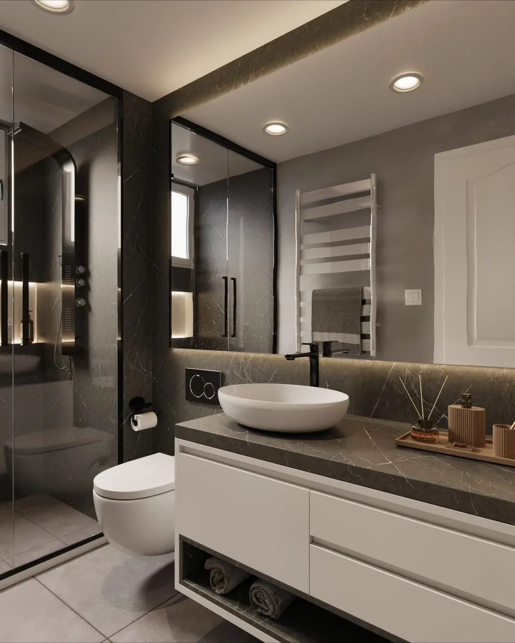 Visuel Cover Styl' : salle de bain aux murs et plan vasque en marbre gris anthracite veiné