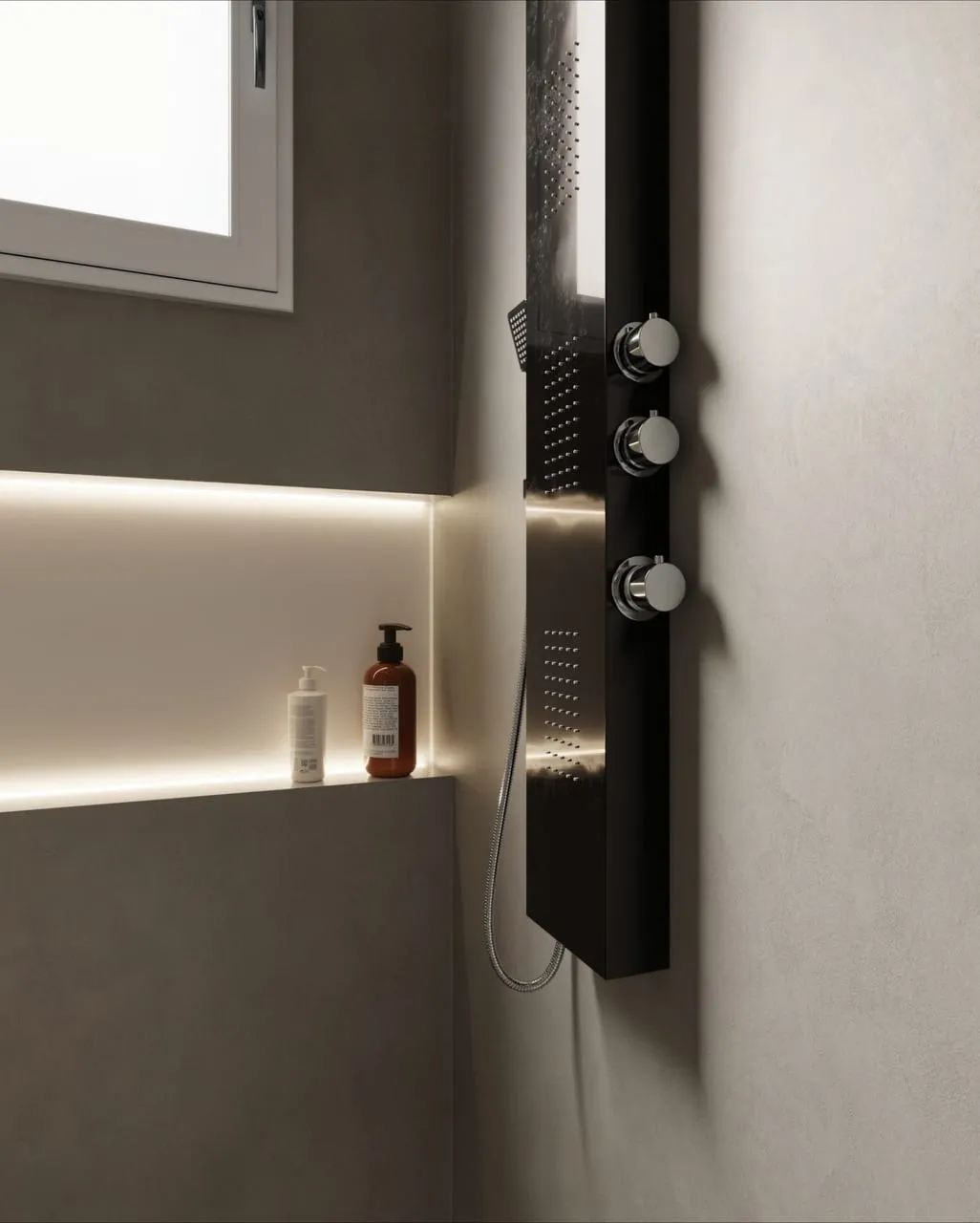 Visuel Cover Styl' : douche aux murs gris ciment mat, niche éclairée et colonne de douche noire