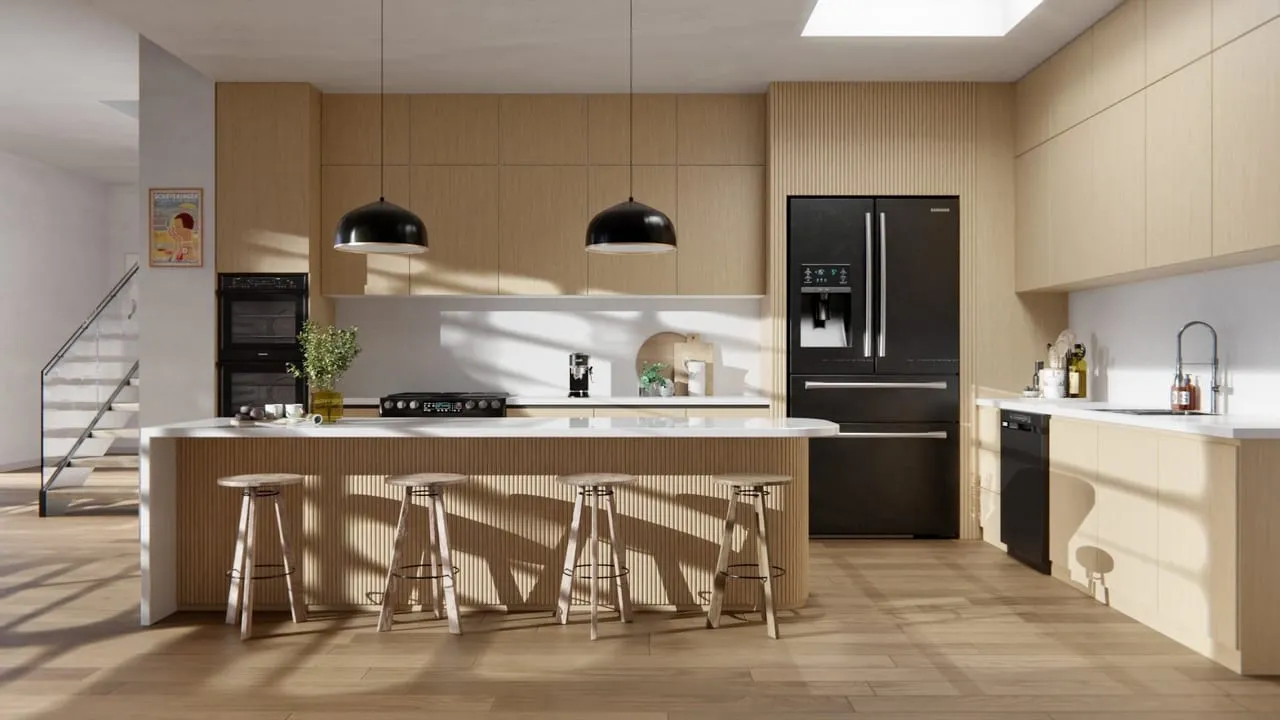 Visuel Cover Styl' : cuisine aux façades et îlot cannelé en chêne clair, réfrigérateur noir