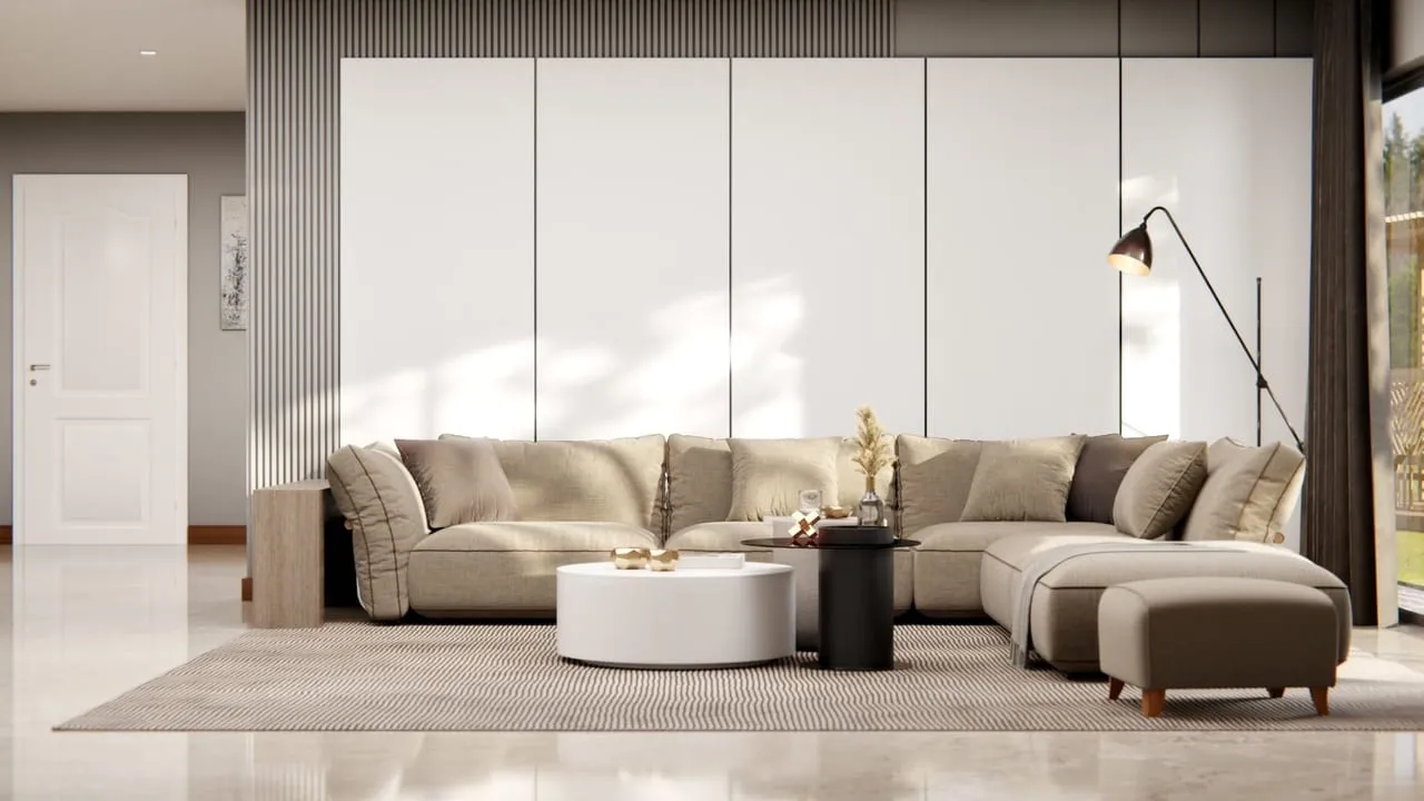 Visuel Cover Styl' : salon, mur de placards blancs toute hauteur derrière un canapé d'angle