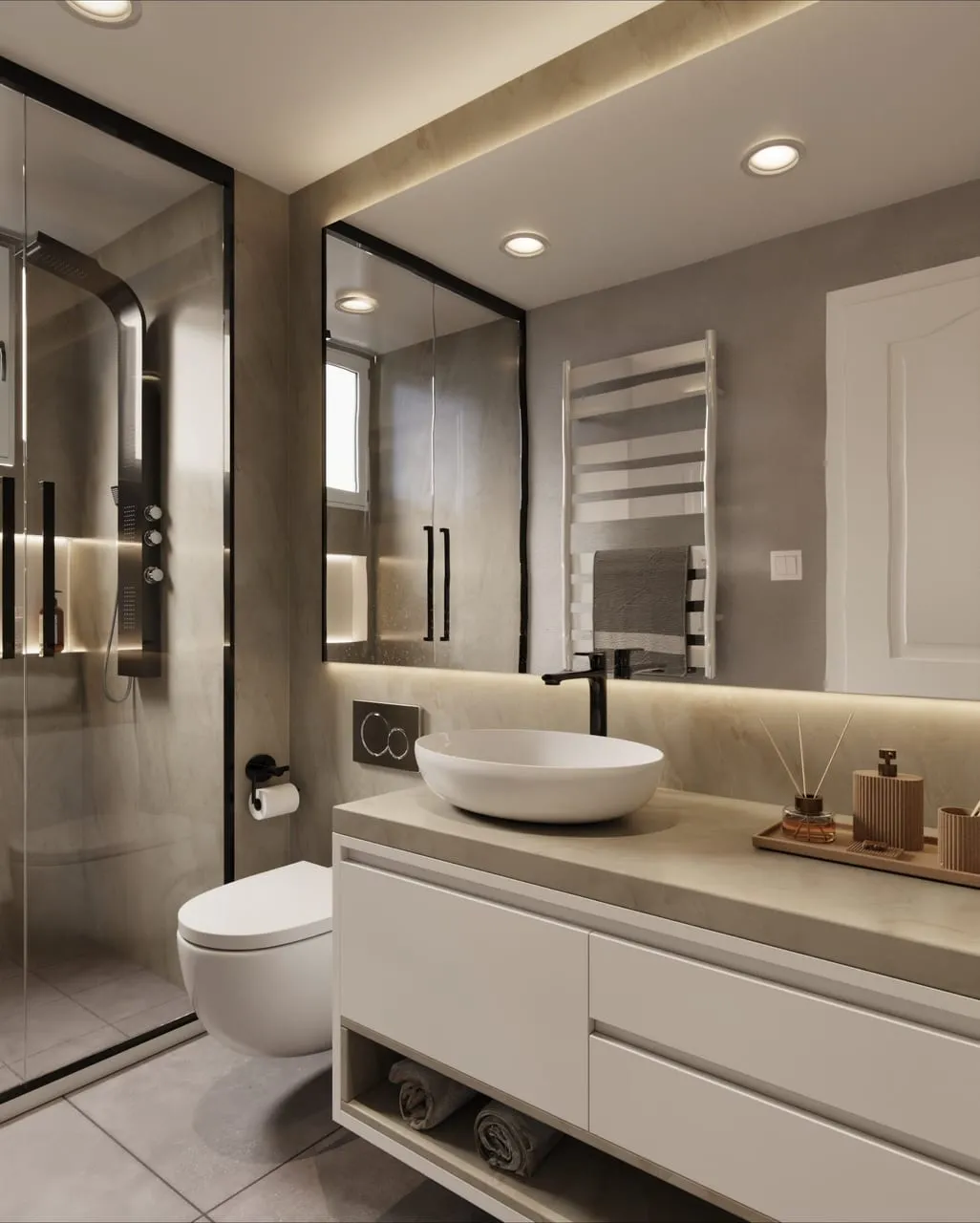 Visuel Cover Styl' : salle de bain au plan vasque et murs effet onyx crème, meuble blanc
