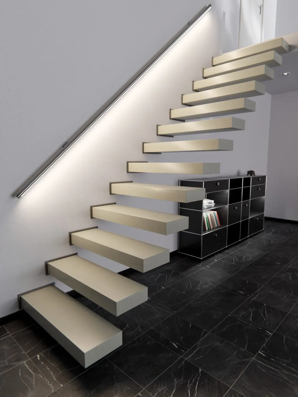 Visuel Cover Styl' : escalier à marches suspendues habillées d'un marbre crème clair