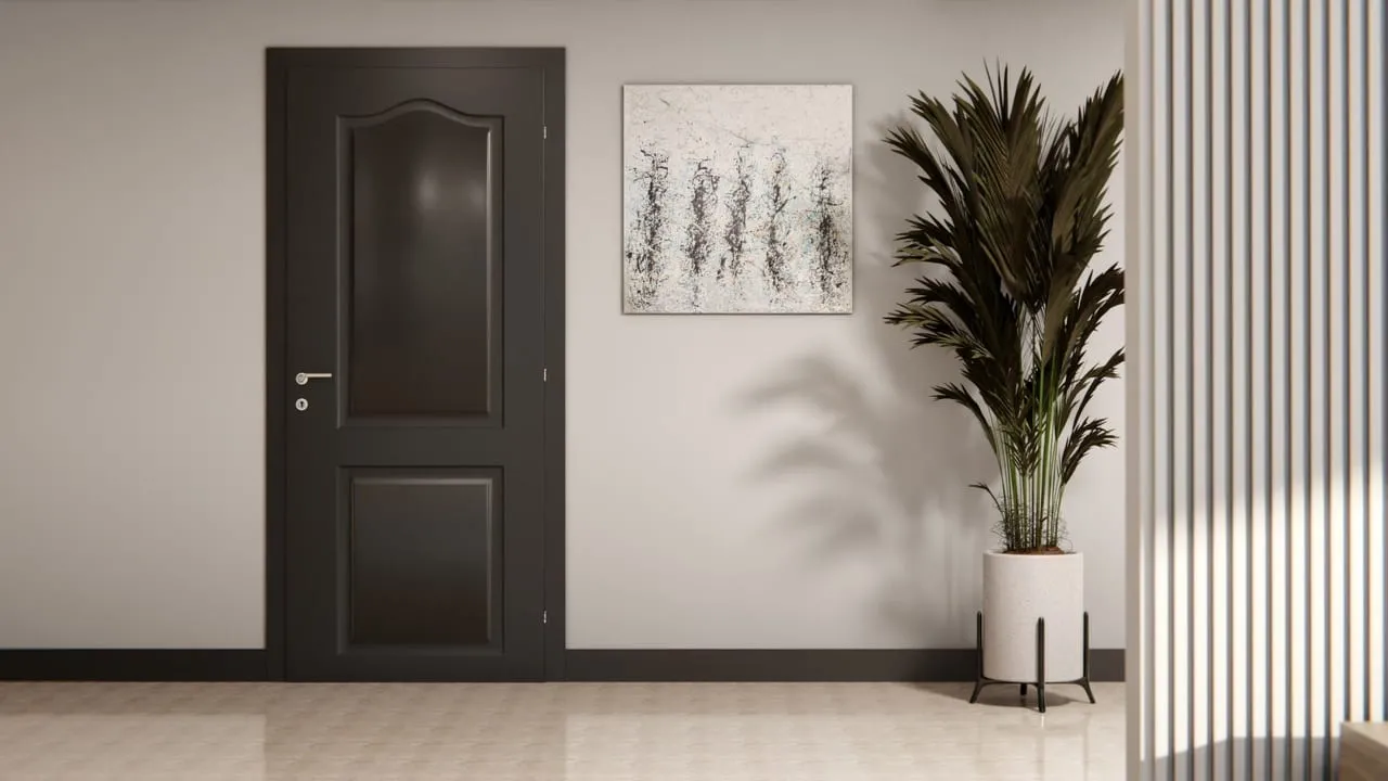 Visuel Cover Styl' : porte intérieure à panneaux noir brillant et plinthes noires, mur clair