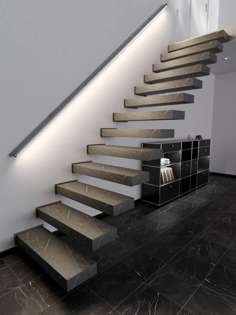 Visuel Cover Styl' : escalier à marches suspendues habillées d'un marbre gris brun veiné