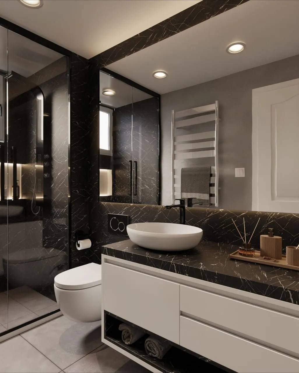 Visuel Cover Styl' : salle de bain aux murs et plan vasque en marbre noir veiné de blanc