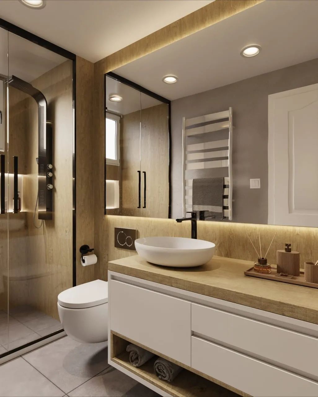 Visuel Cover Styl' : salle de bain aux murs et plan vasque en chêne rustique, meuble blanc suspendu