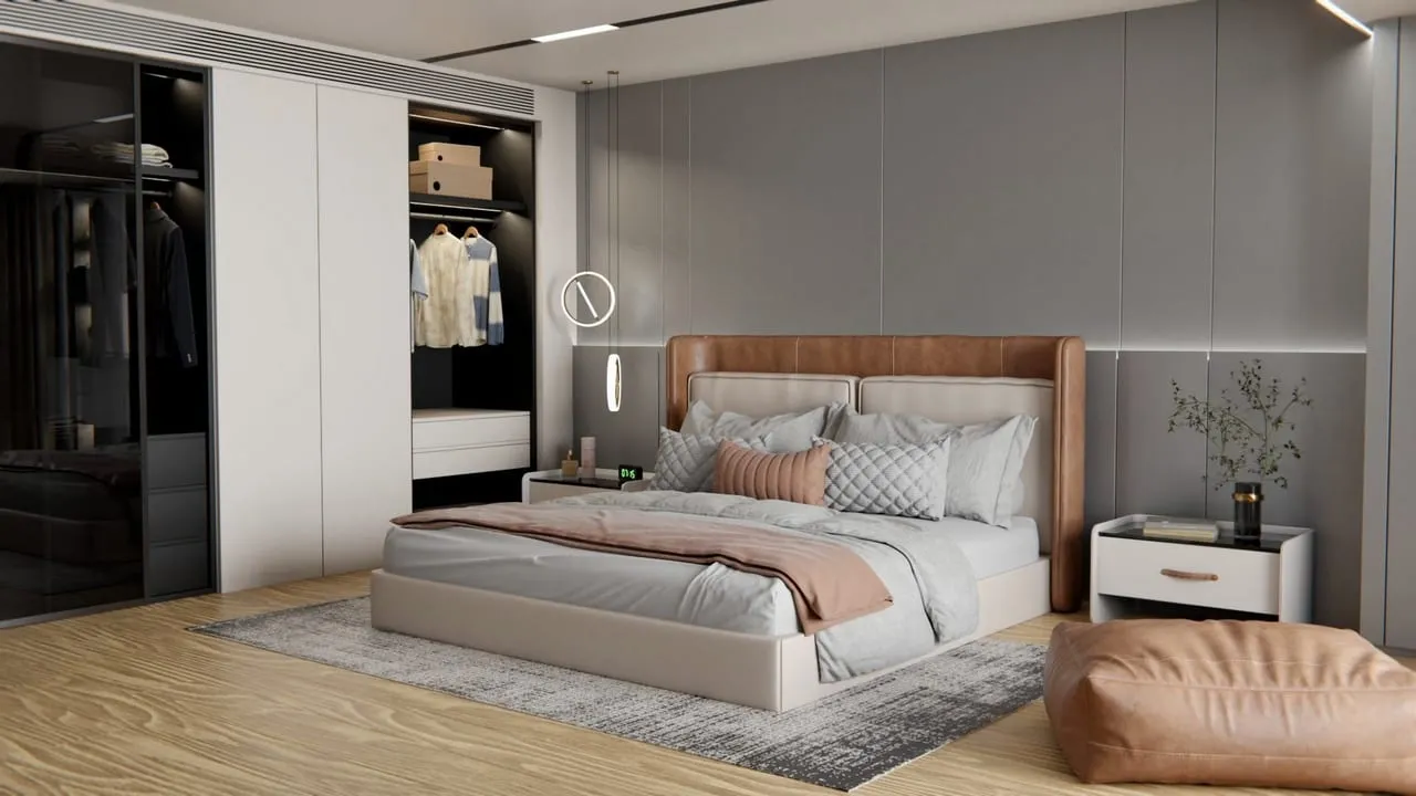 Visuel Cover Styl' : chambre aux panneaux muraux gris argenté derrière le lit, dressing ouvert à gauche