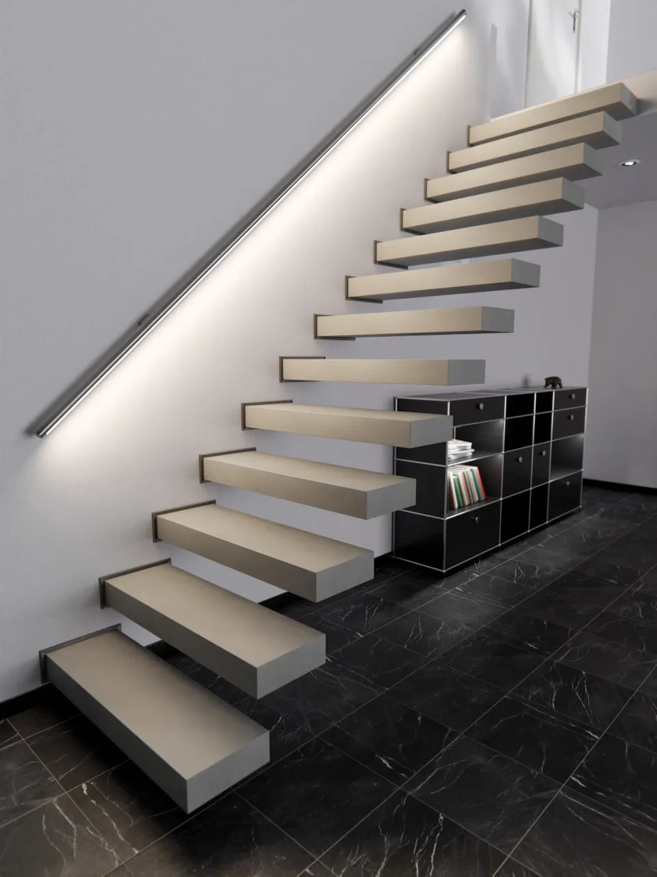 Visuel Cover Styl' : escalier à marches suspendues habillées de gris ciment, sol carrelé noir