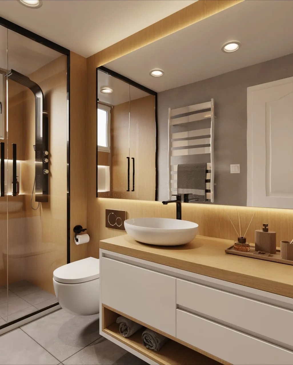 Visuel Cover Styl' : salle de bain aux murs et plan vasque en chêne clair, meuble blanc à tiroirs