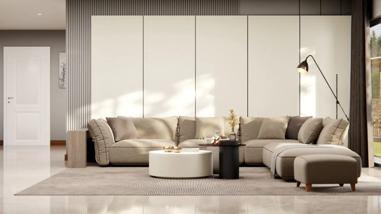 Visuel Cover Styl' : salon, mur de placards toute hauteur blanc cassé derrière un canapé d'angle beige