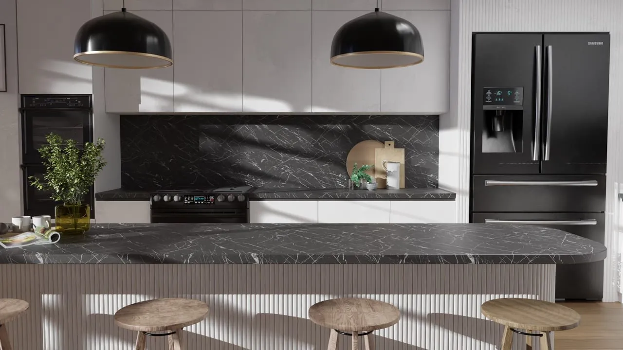 Visuel Cover Styl' : îlot de cuisine au plan en marbre noir veiné et crédence assortie