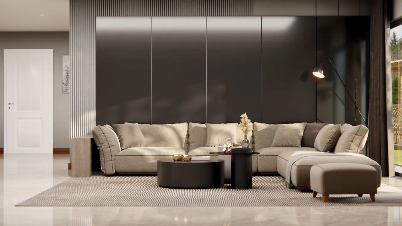 Visuel Cover Styl' : salon, mur de placards noir brillant derrière un canapé d'angle beige