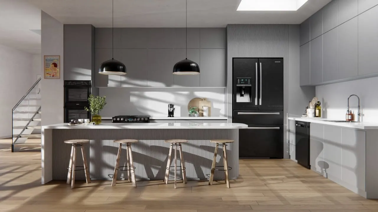 Visuel Cover Styl' : cuisine aux façades hautes gris argenté, îlot cannelé et tabourets en bois