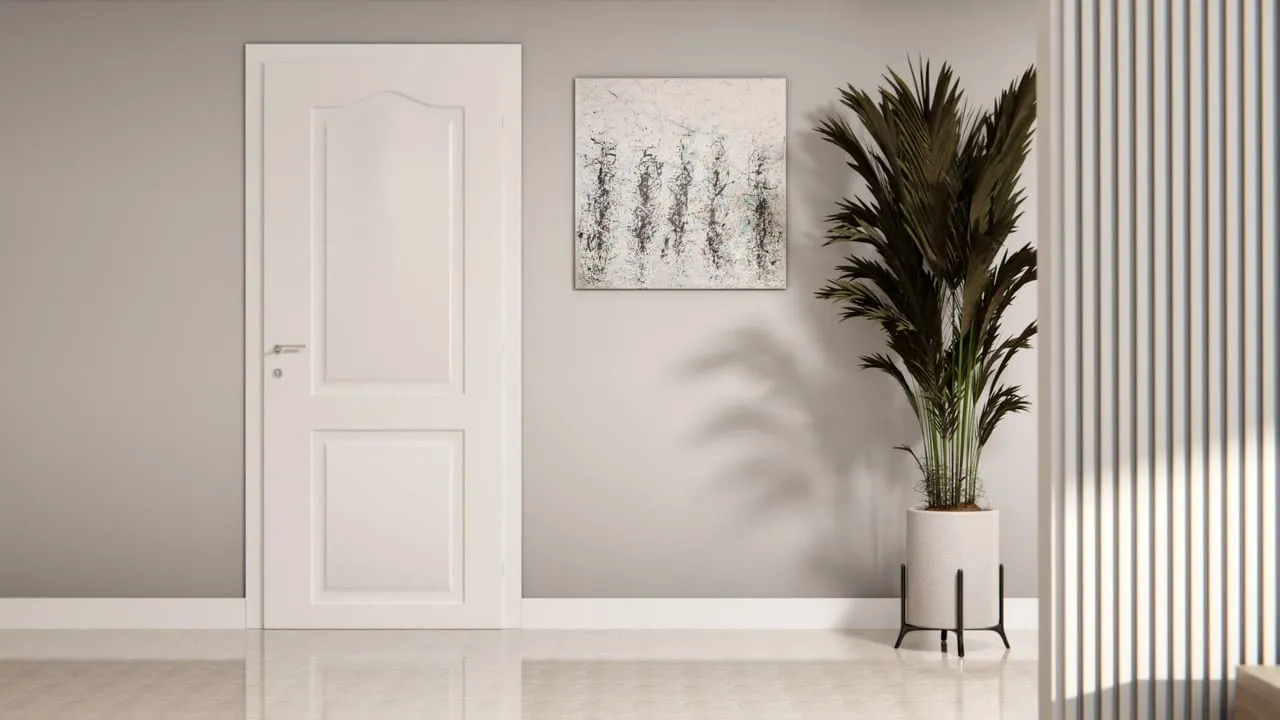 Visuel Cover Styl' : porte intérieure à panneaux blanc pur, mur gris et palmier en pot