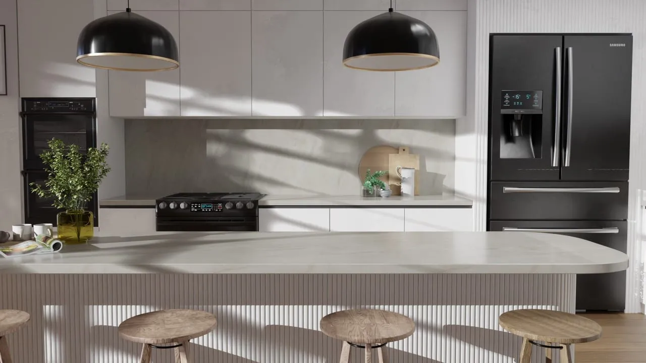 Visuel Cover Styl' : îlot de cuisine au plan effet onyx crème et crédence assortie