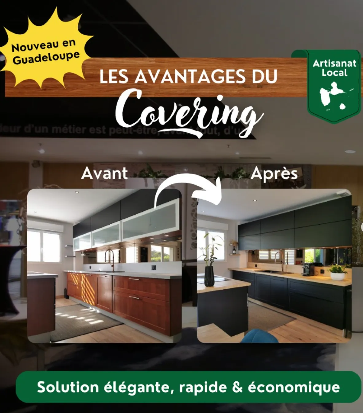 Façades de cuisine avant et après pose de film vinyle adhésif Cover Styl'