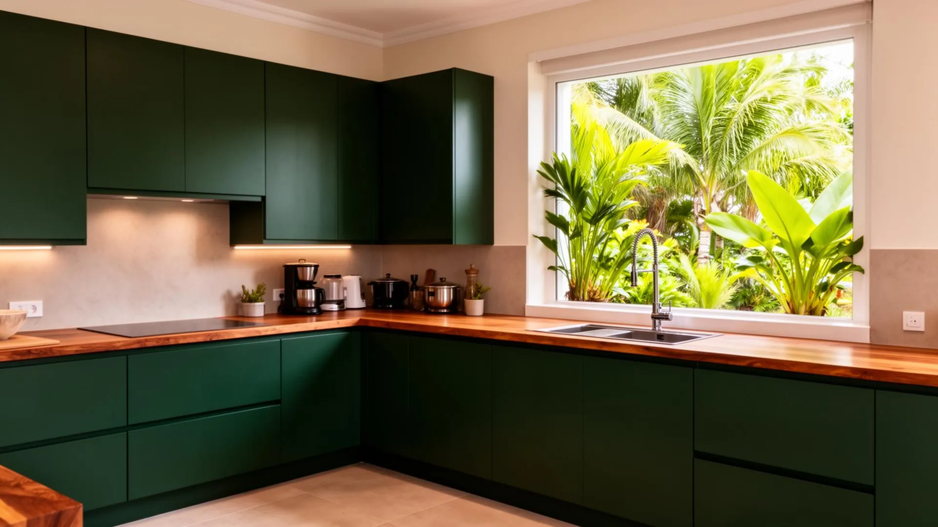 Cuisine guadeloupéenne rénovée, façades habillées de film vinyle adhésif effet bois