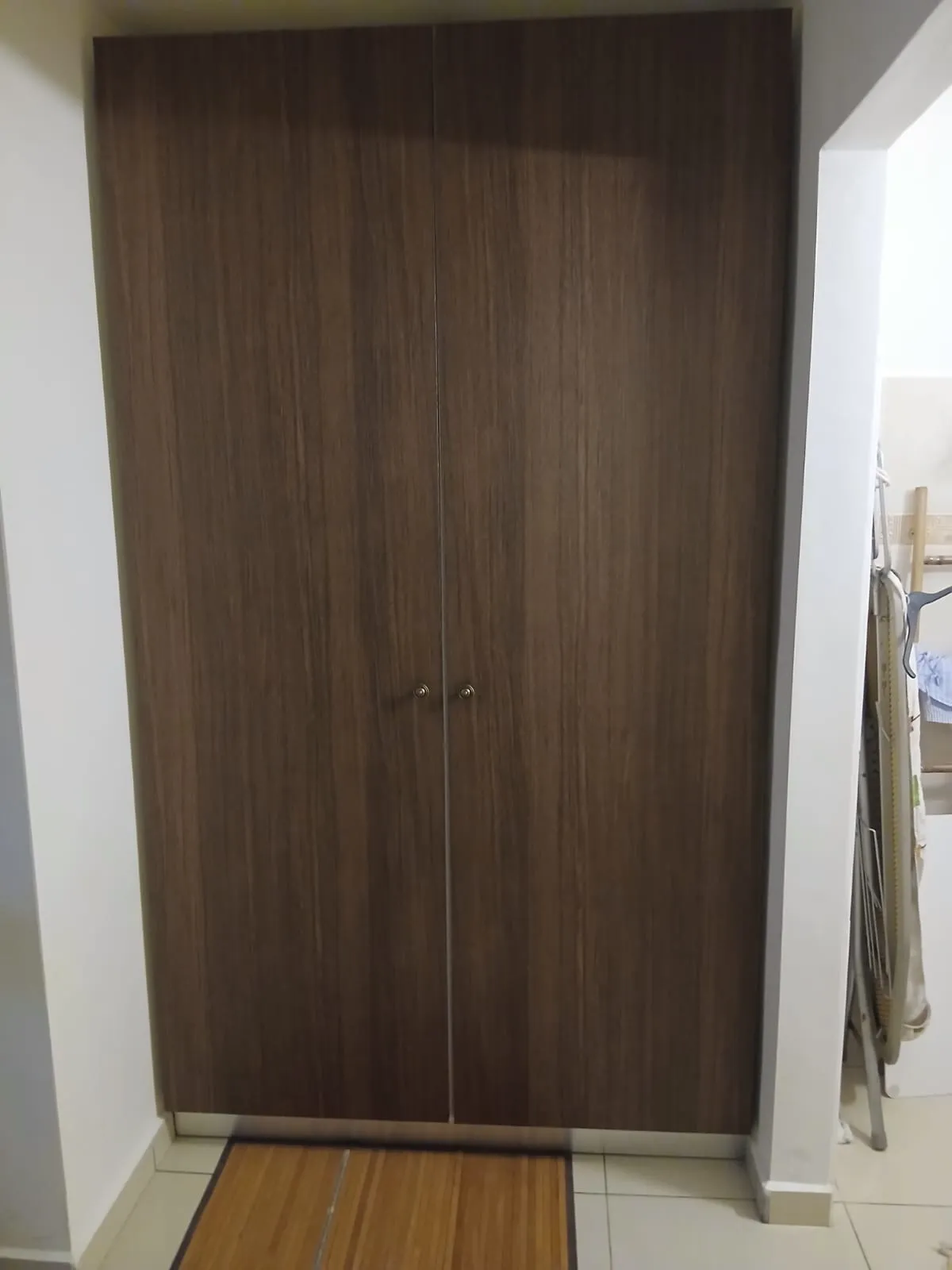 Placard de couloir habillé d'un décor bois foncé veiné